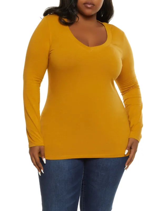 Plus Size V Neck Long Sleeve Solid Top sold by Rainbow
