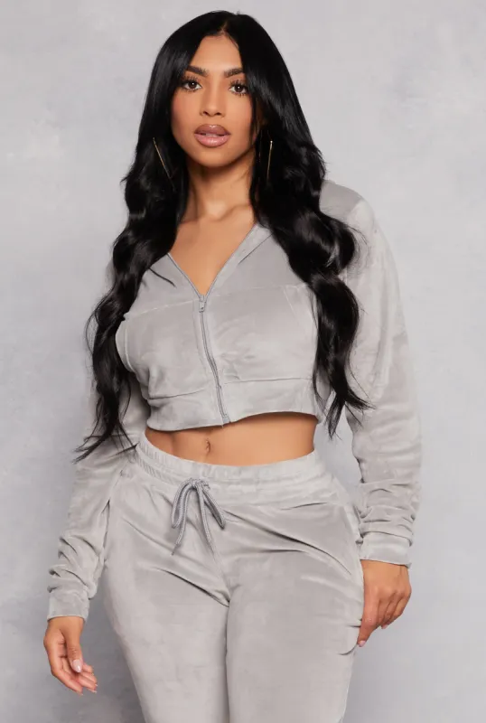 Velour Cropped Zip Front Hoodie sold by Rainbow