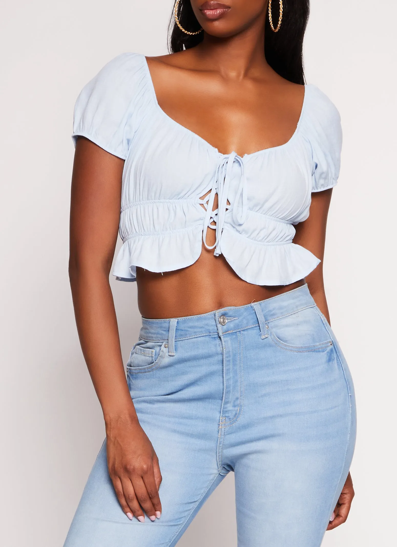 Linen Tie Front Peasant Top sold by Rainbow