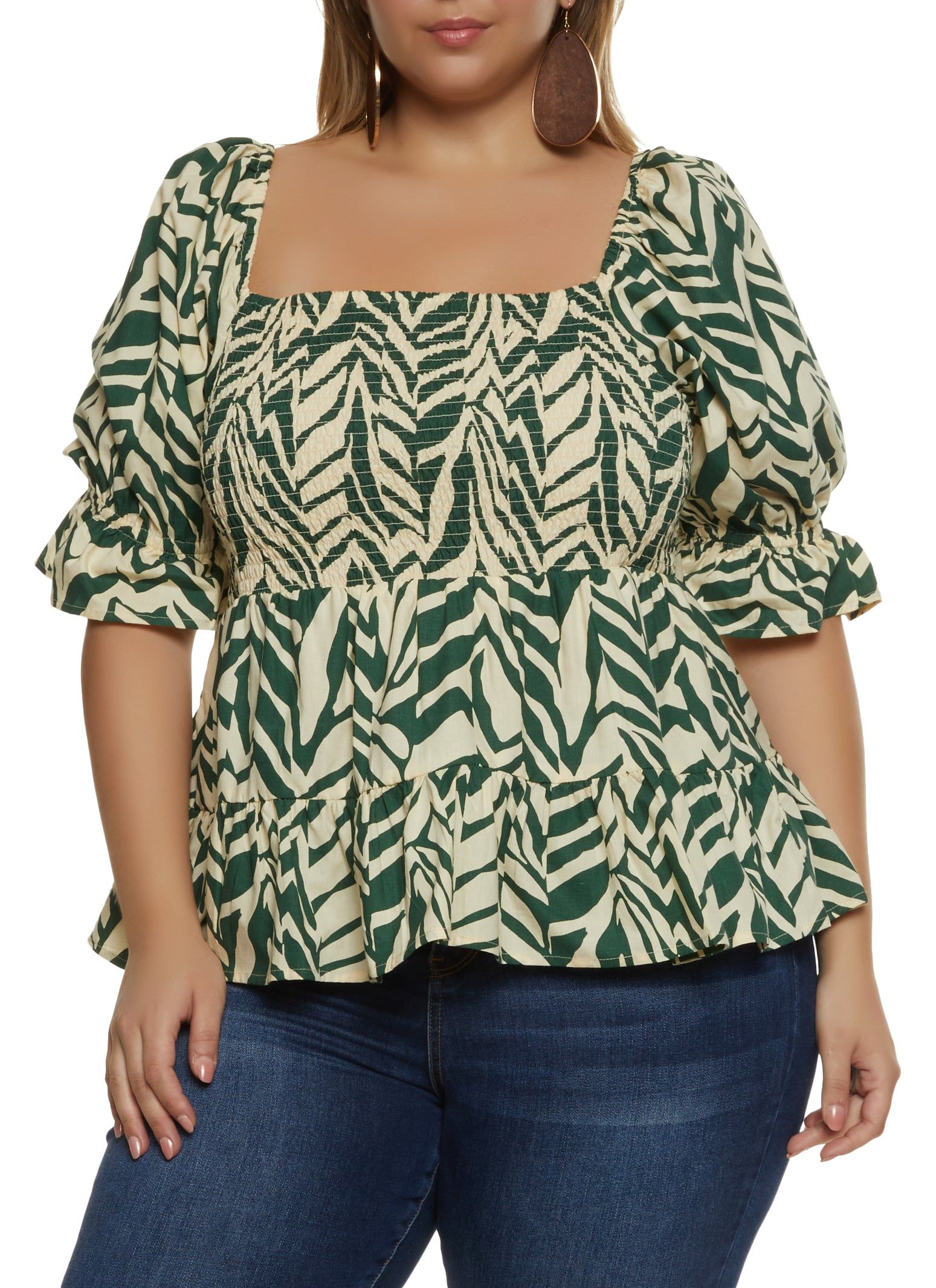 Plus Size Printed Smocked Puff Sleeve Top sold by Rainbow