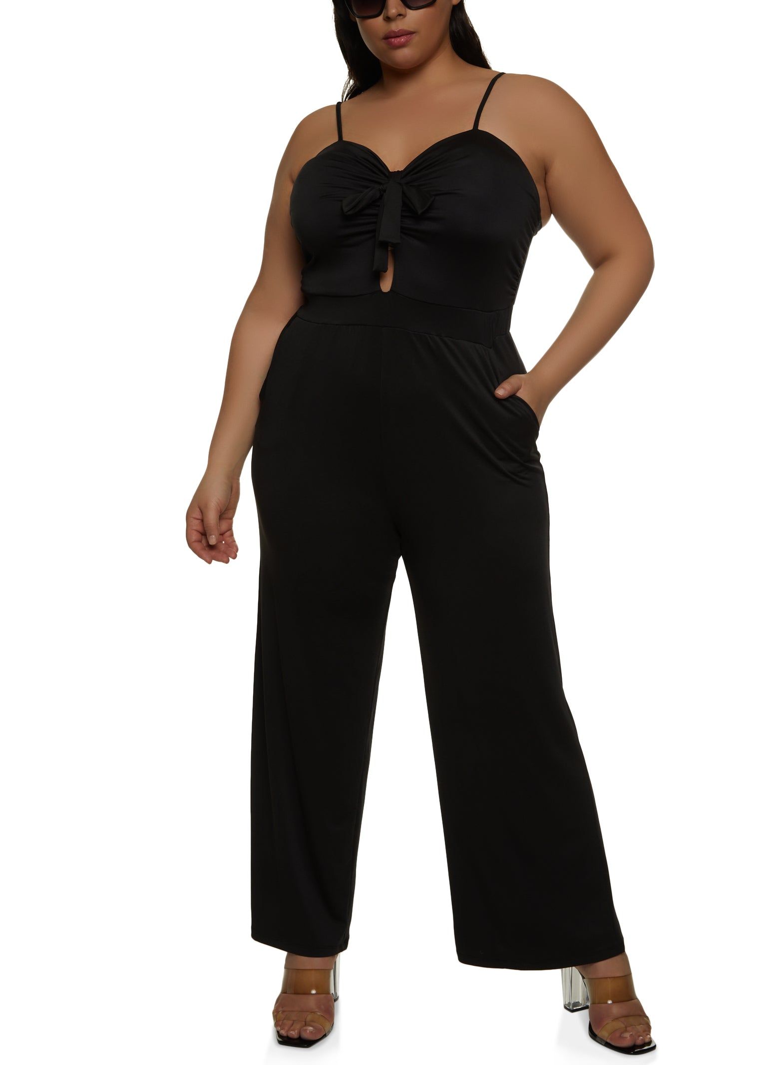 Plus Size Tie Front Keyhole Wide Leg Jumpsuit sold by Rainbow