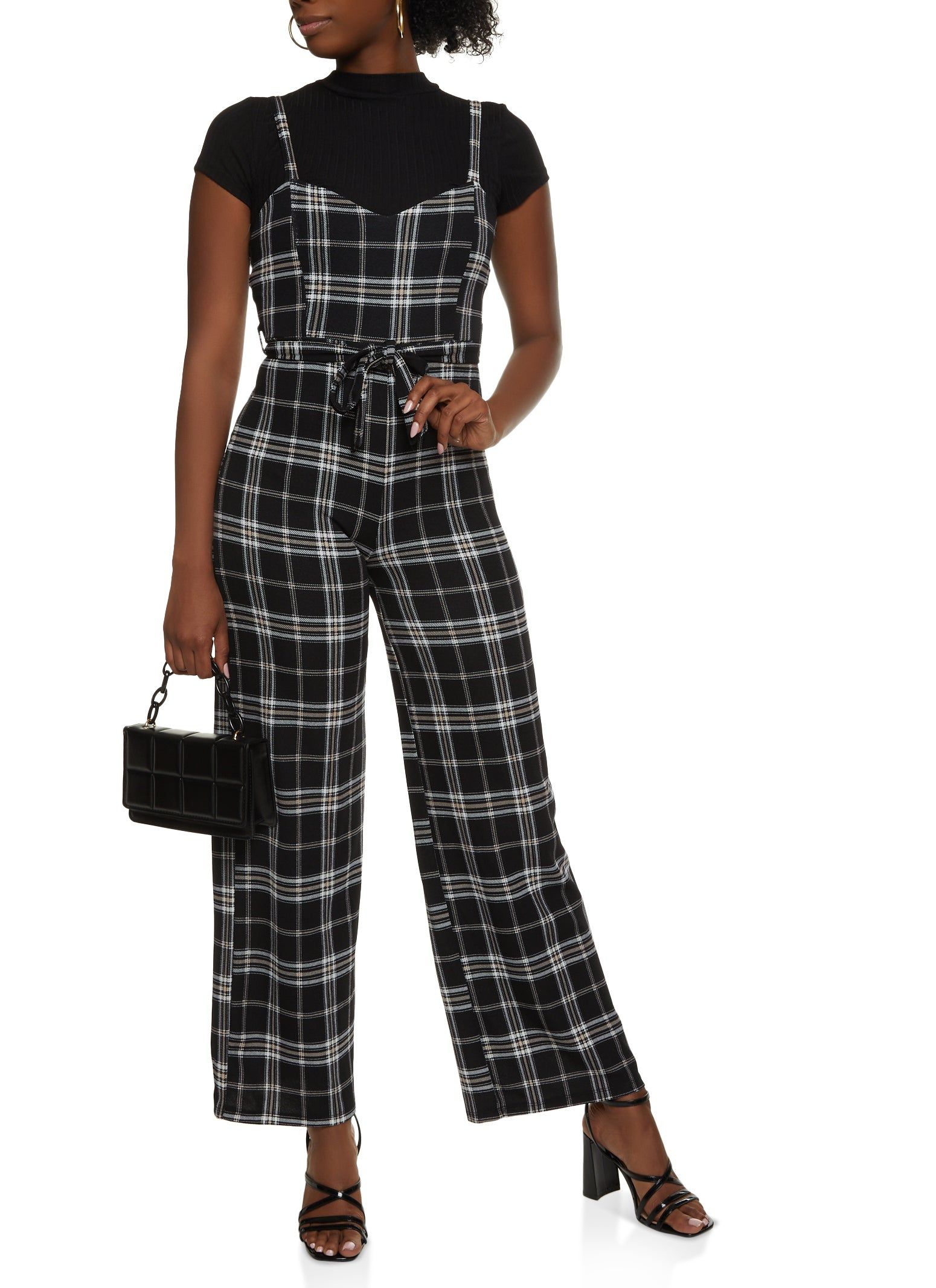 Plaid Tie Waist Jumpsuit and Mock Neck Top sold by Rainbow