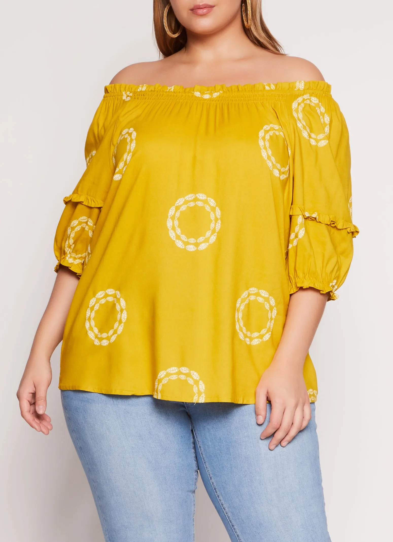 Plus Size Printed Off The Shoulder Puff Sleeve Blouse sold by Rainbow