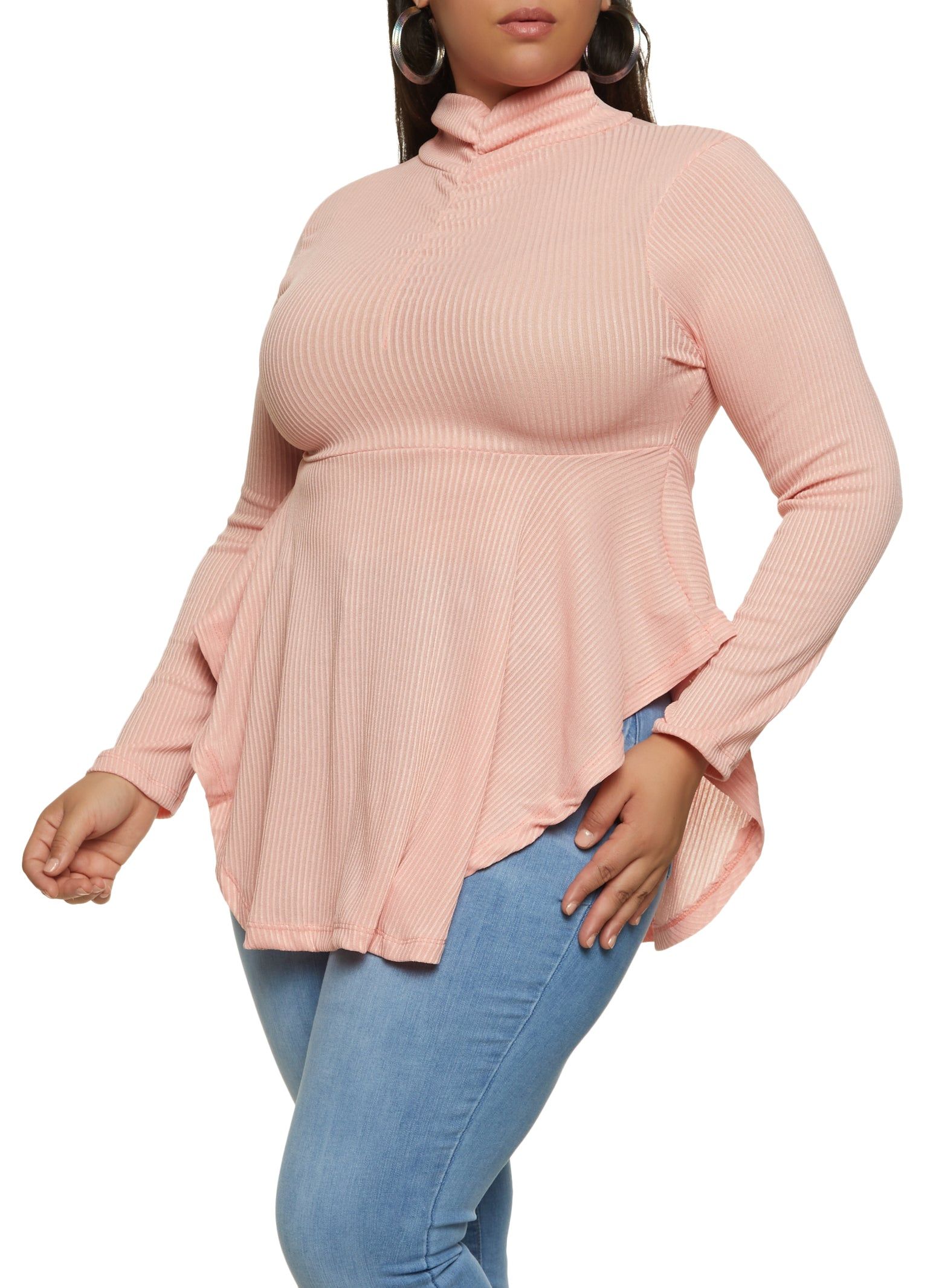 Plus Size Ruched Mock Neck Long Sleeve Babydoll Top sold by Rainbow