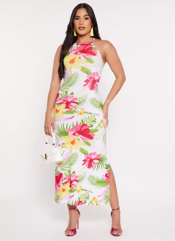 Tropical Floral Print High Neck Maxi Dress sold by Rainbow
