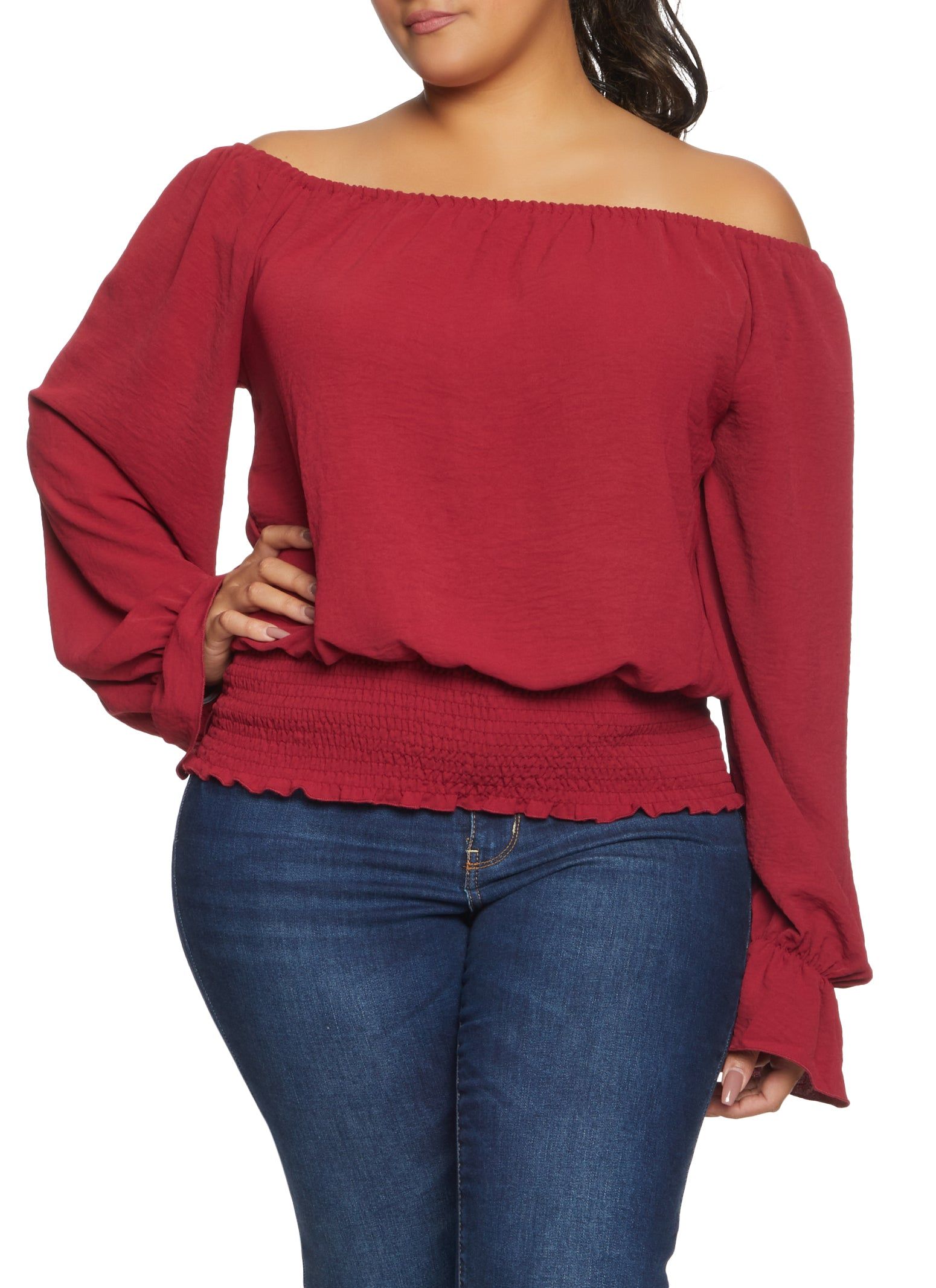 Plus Size Off the Shoulder Smocked Waist Top sold by Rainbow