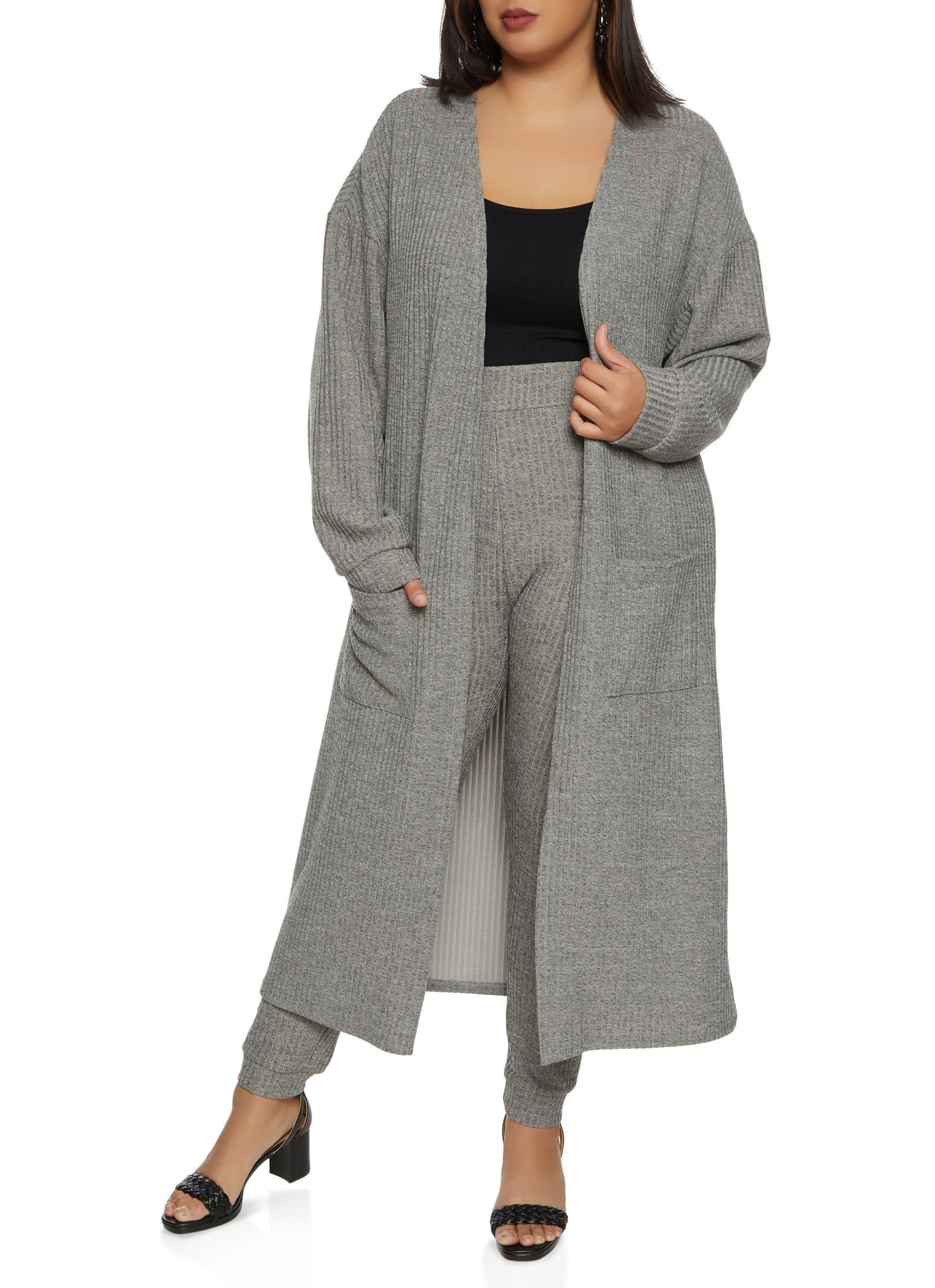 Plus Size Ribbed Knit Pocket Long Cardigan sold by Rainbow