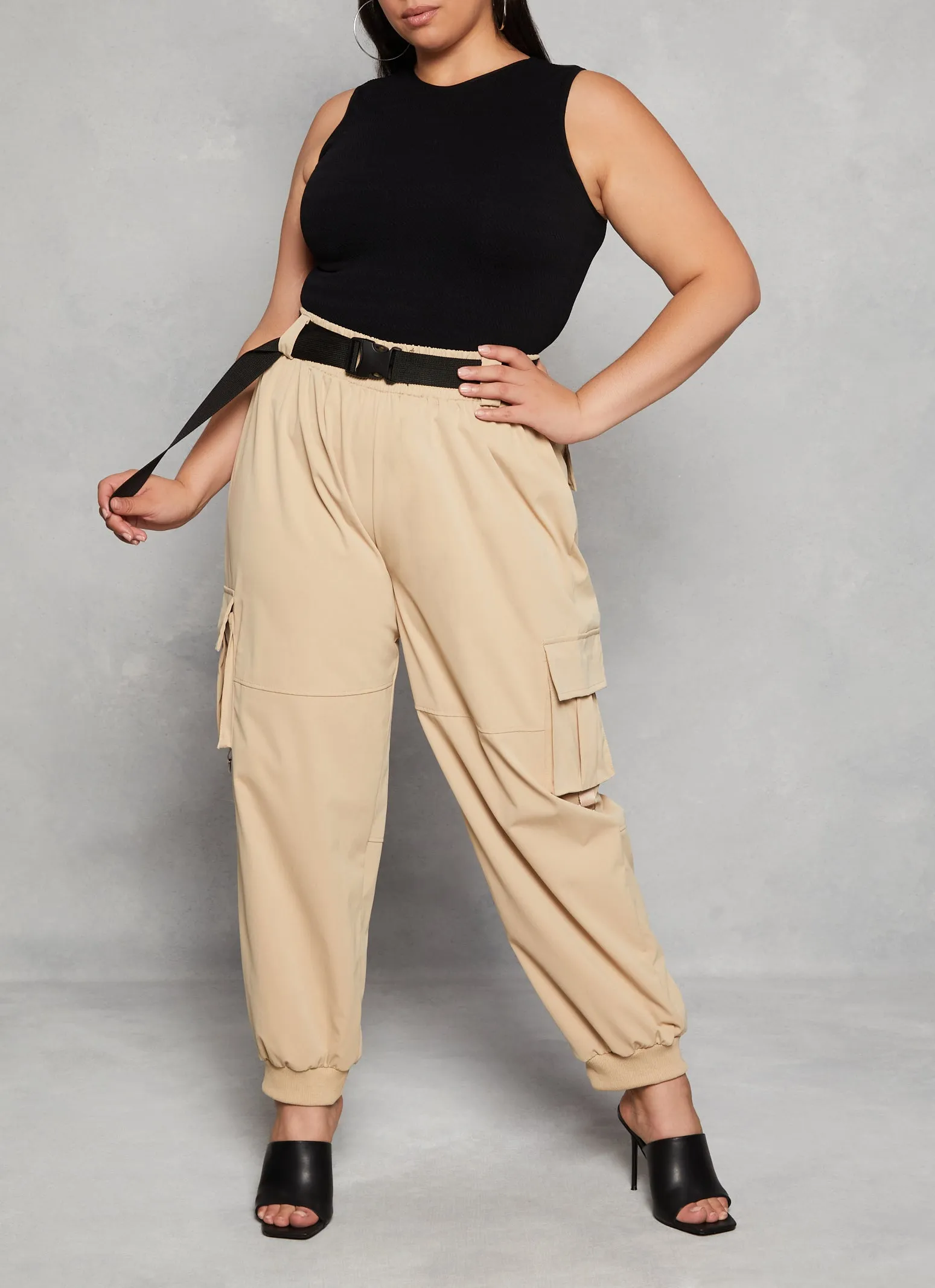 Plus Size Poplin Belted Cargo Joggers sold by Rainbow