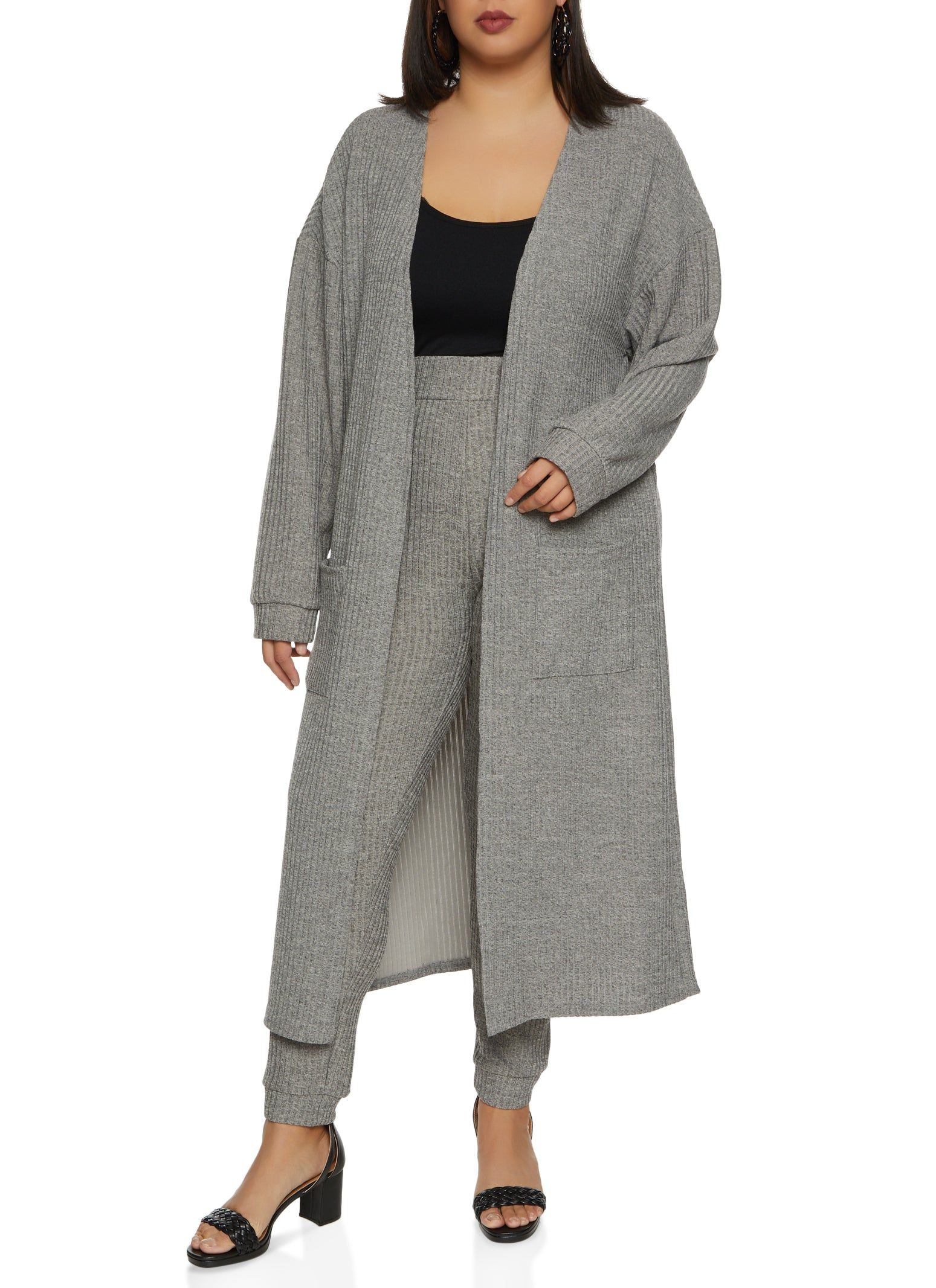 Plus Size Ribbed Knit Pocket Long Cardigan sold by Rainbow product image thumbnail 2