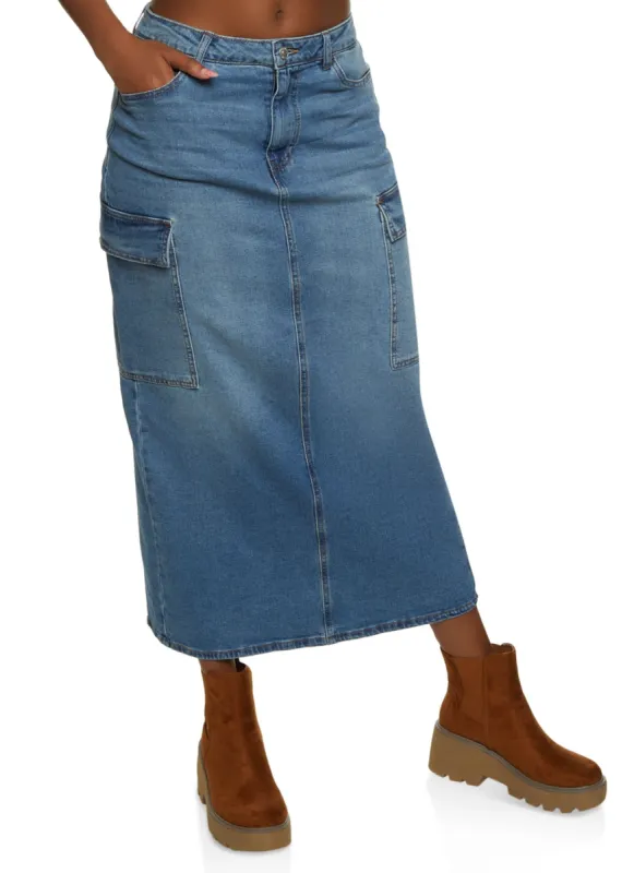 Almost Famous Cargo Denim Maxi Skirt sold by Rainbow