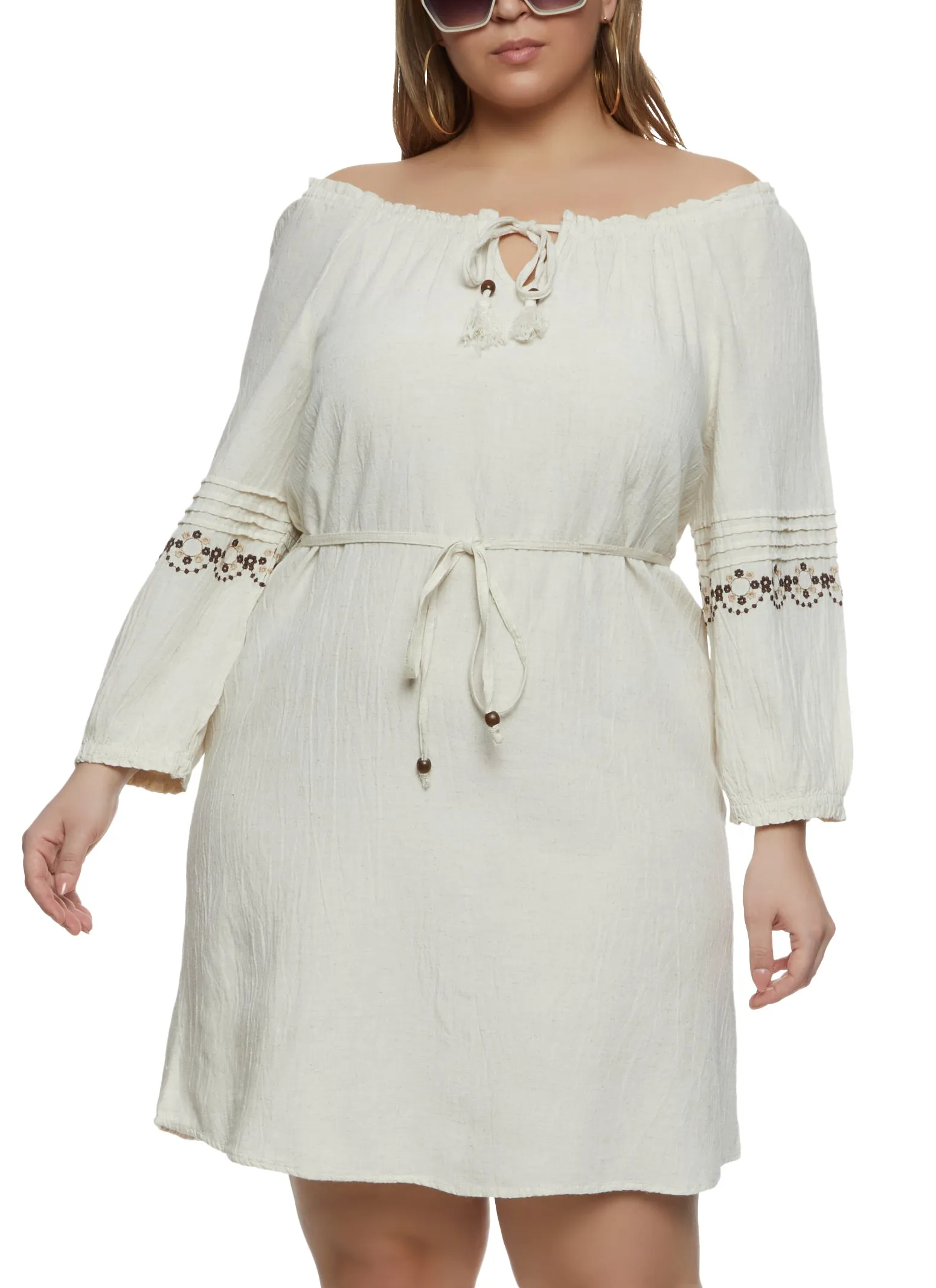 Plus Size Linen Floral Detail Off the Shoulder Dress sold by Rainbow