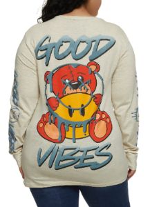 Plus Size Good Vibes Bear Graphic Long Sleeve Tee sold by Rainbow