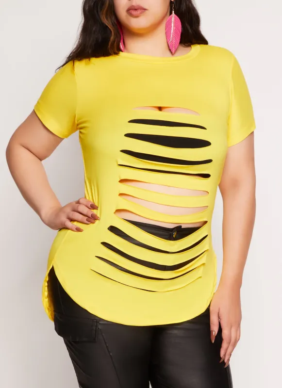 Plus Size Slashed High Low Tee sold by Rainbow