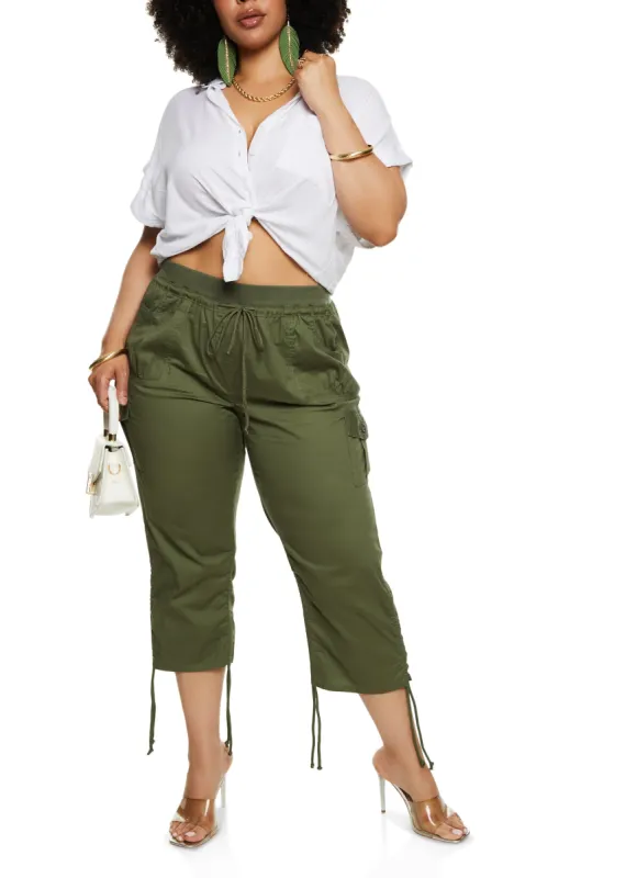 Plus Size Tie Hem Cargo Pocket Capris sold by Rainbow