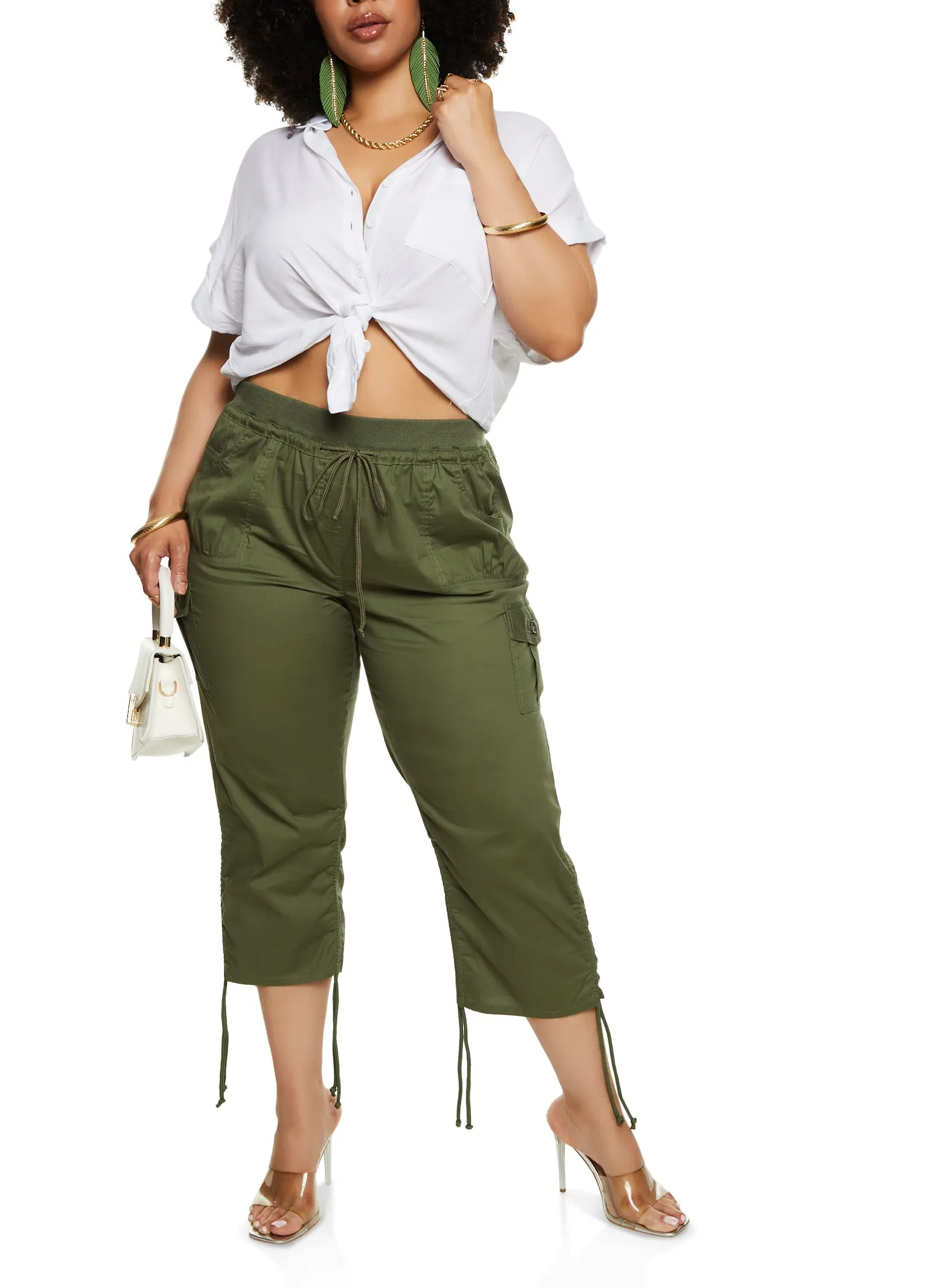 Plus Size Tie Hem Cargo Pocket Capris sold by Rainbow