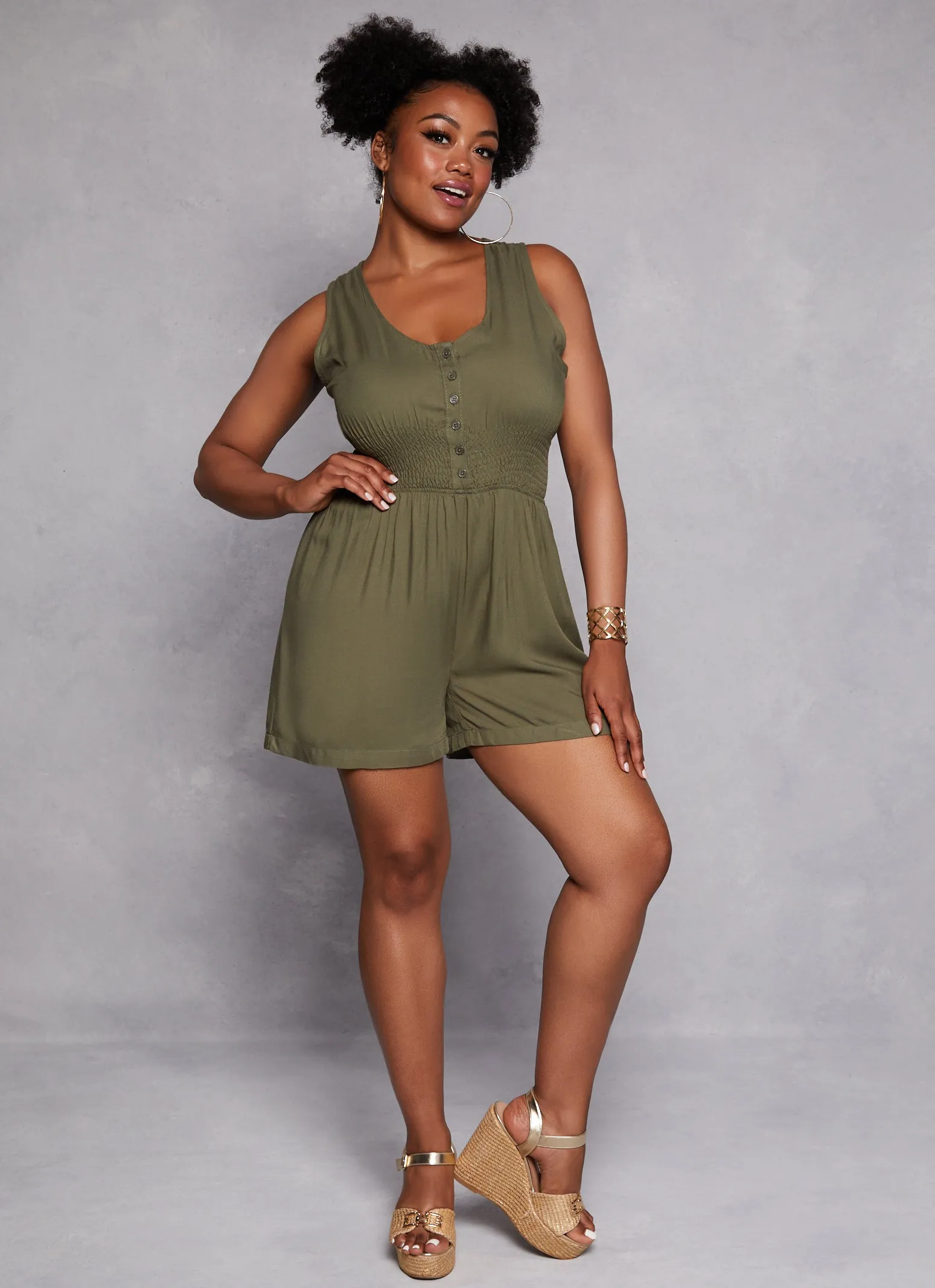 Plus Size Twill Button Front Smocked Waist Romper sold by Rainbow product image thumbnail 2