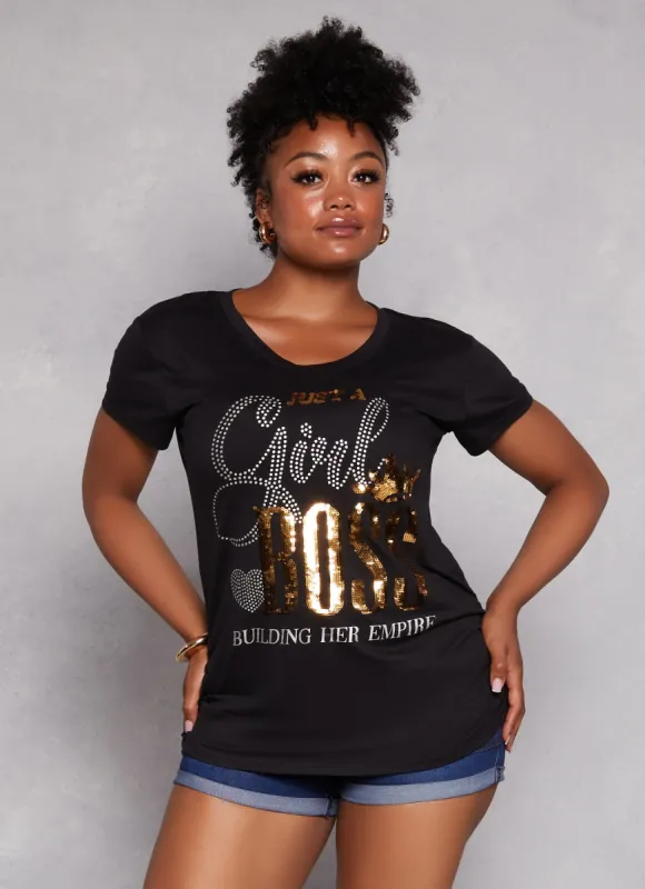 Plus Size Just A Girl Boss Sequin Graphic Tee sold by Rainbow