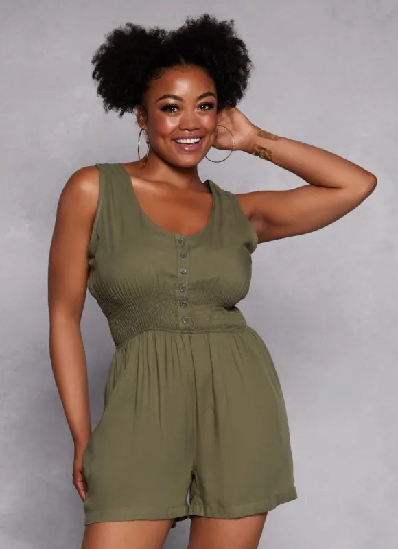 Plus Size Twill Button Front Smocked Waist Romper sold by Rainbow