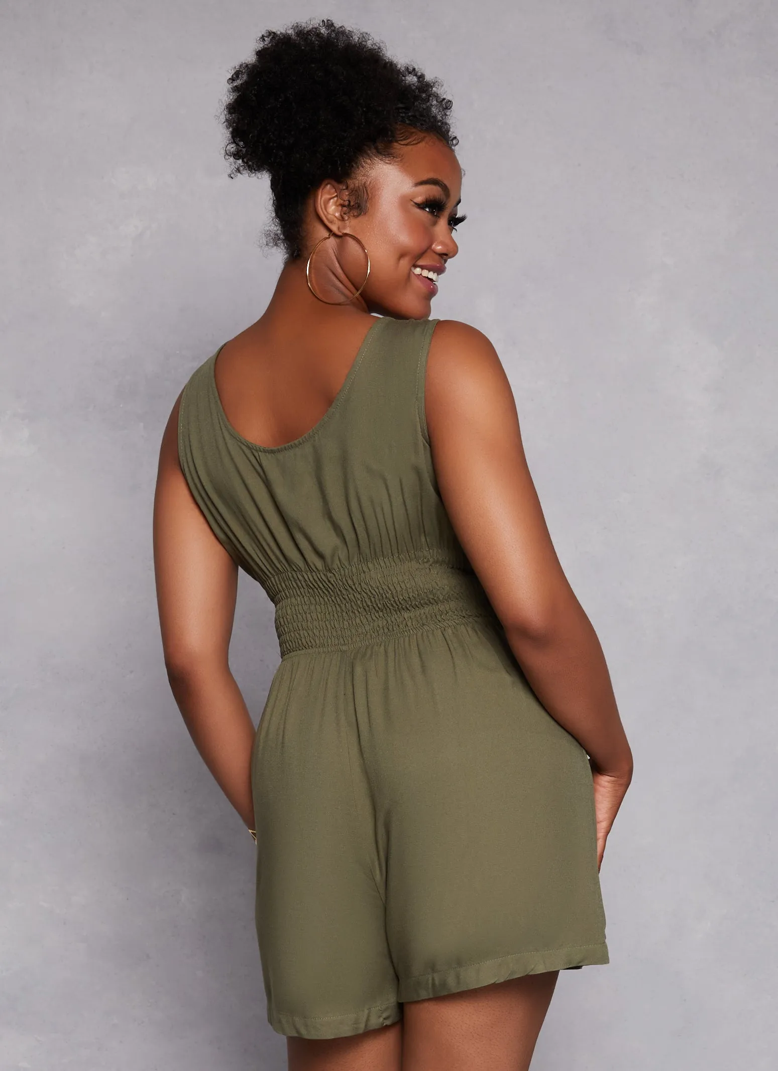 Plus Size Twill Button Front Smocked Waist Romper sold by Rainbow product image thumbnail 3