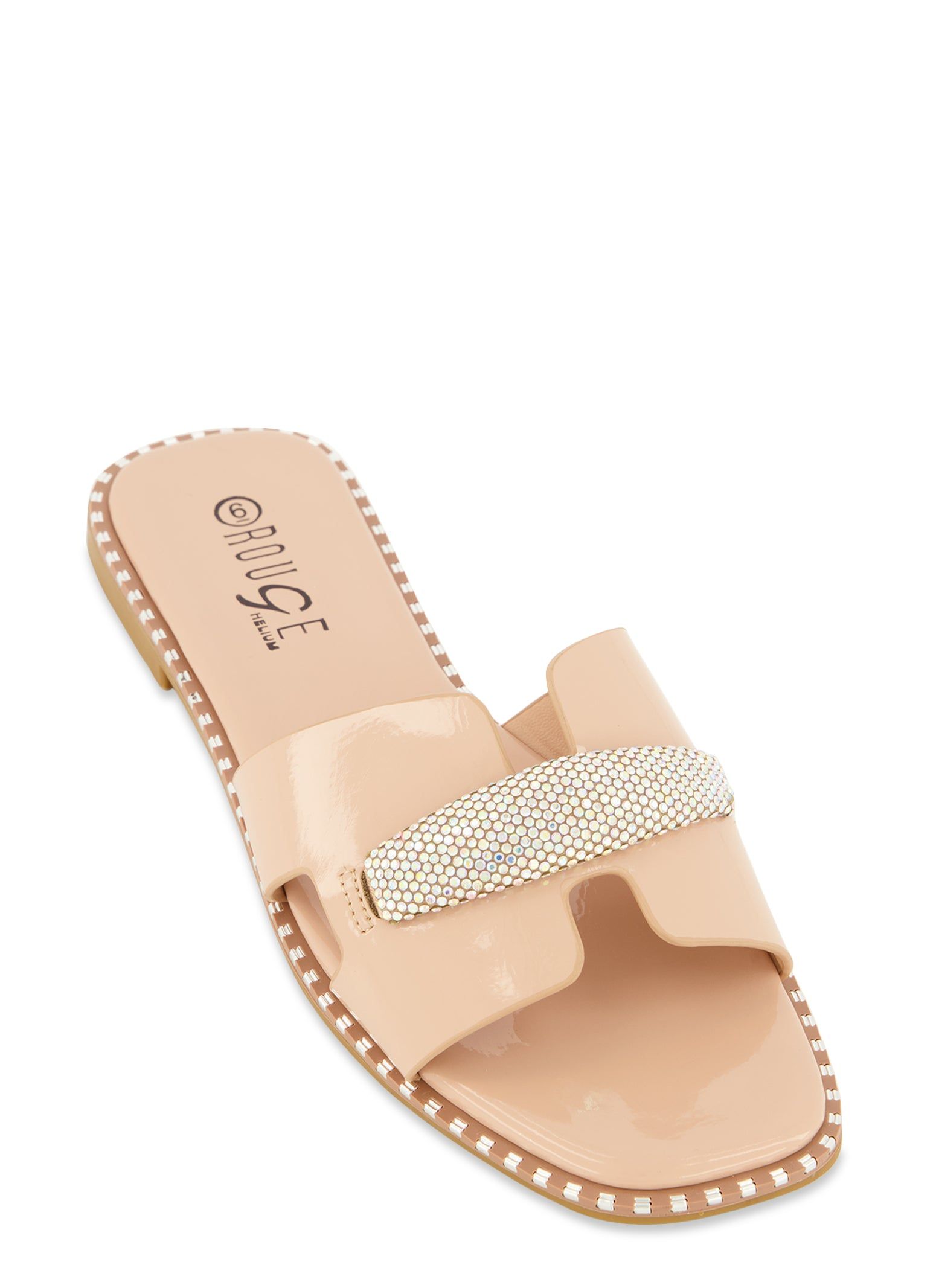 Studded Trim Rhinestone Cut Out Band Slide Sandals sold by Rainbow