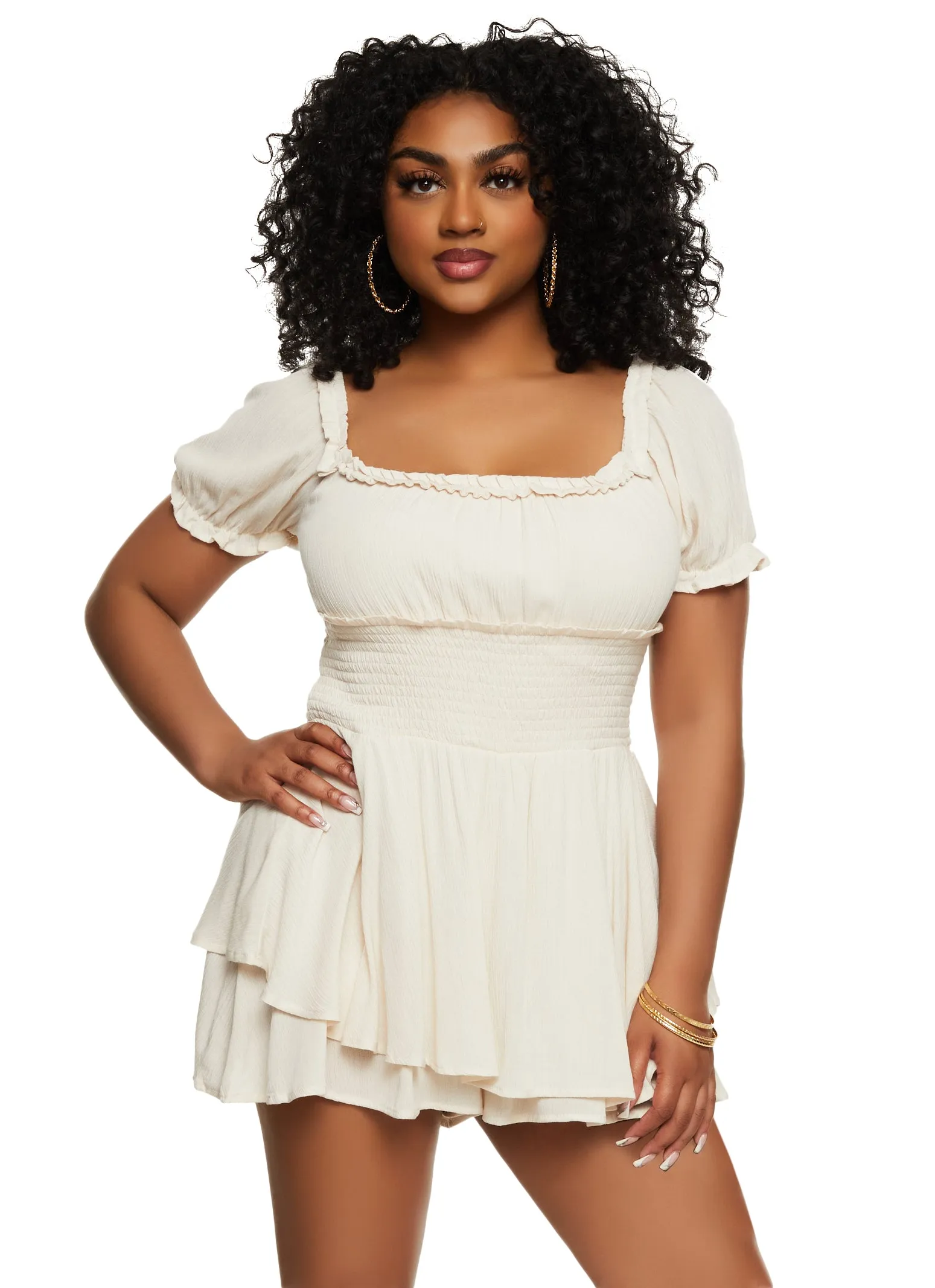 Smocked Tiered Peasant Romper sold by Rainbow