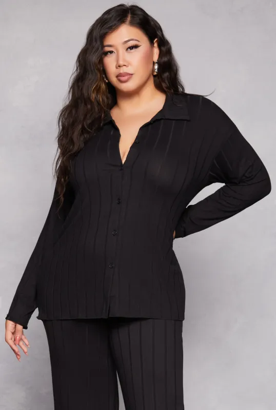 Plus Size Ribbed Button Front Blouse sold by Rainbow