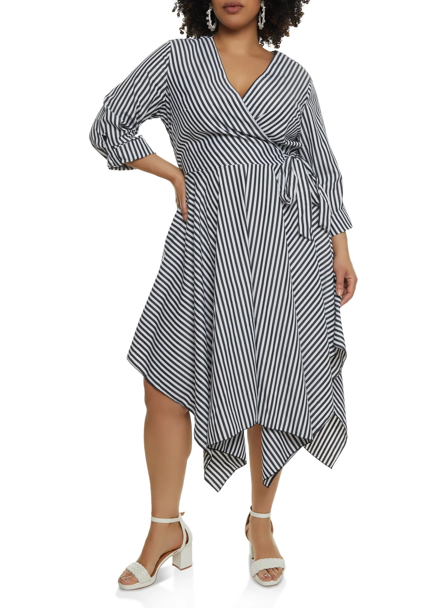 Plus Size Side Tie Striped Faux Wrap Dress sold by Rainbow