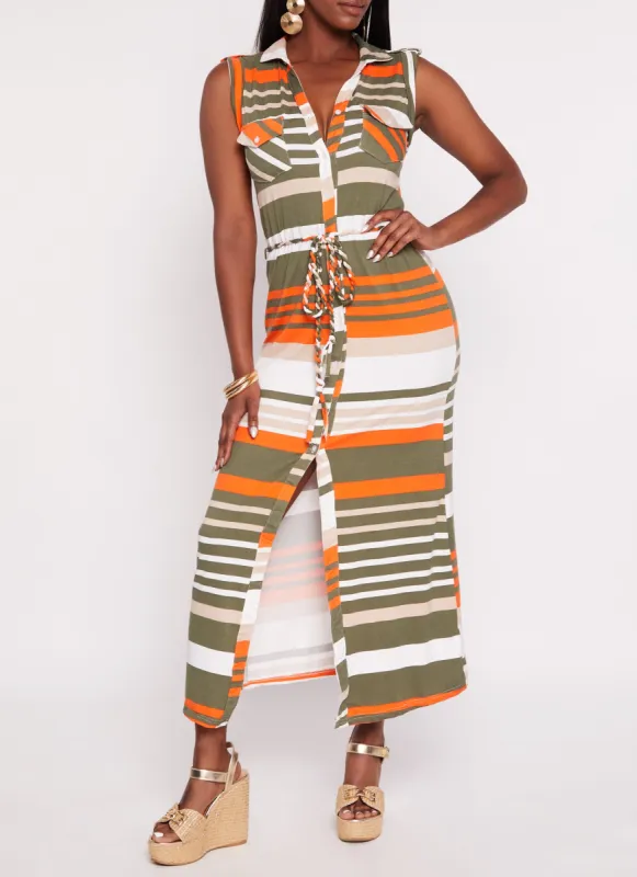 Sleeveless Striped Maxi Shirt Dress sold by Rainbow