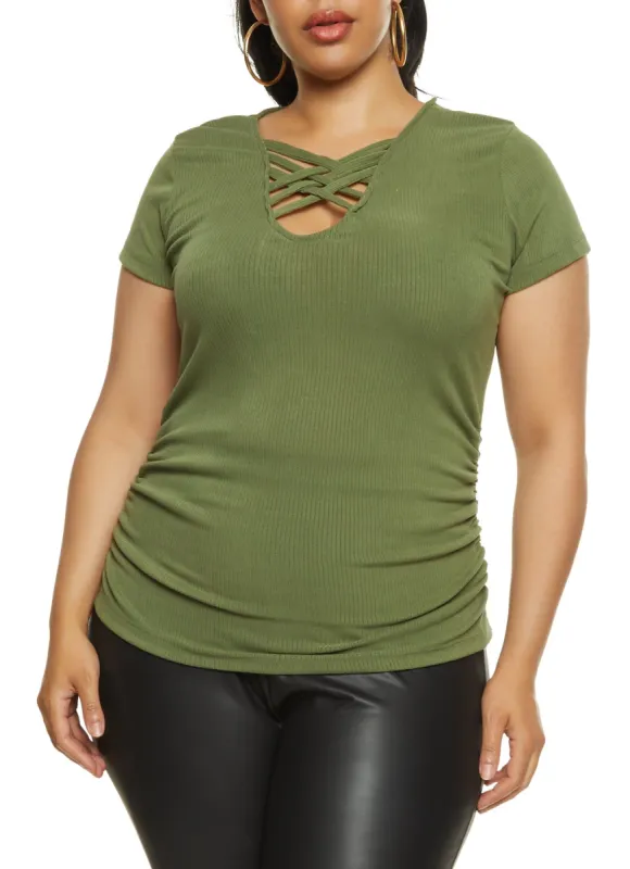 Plus Size Ruched Rib Knit Caged Tee sold by Rainbow