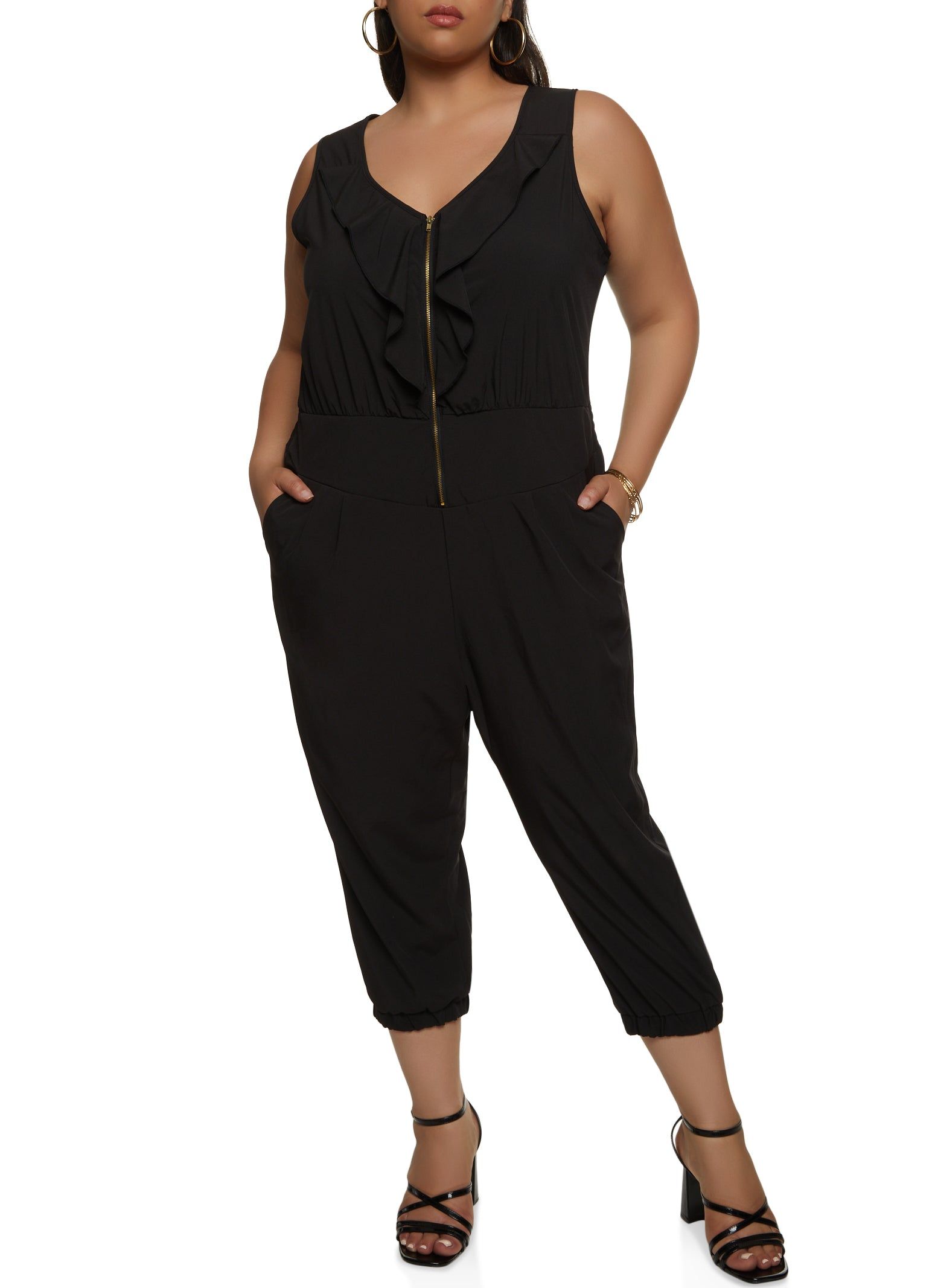 Plus Size Zip Front Ruffled Cropped Jumpsuit sold by Rainbow