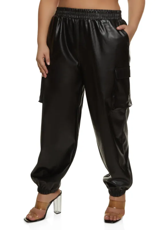 Plus Size Faux Leather High Waisted Cargo Joggers sold by Rainbow