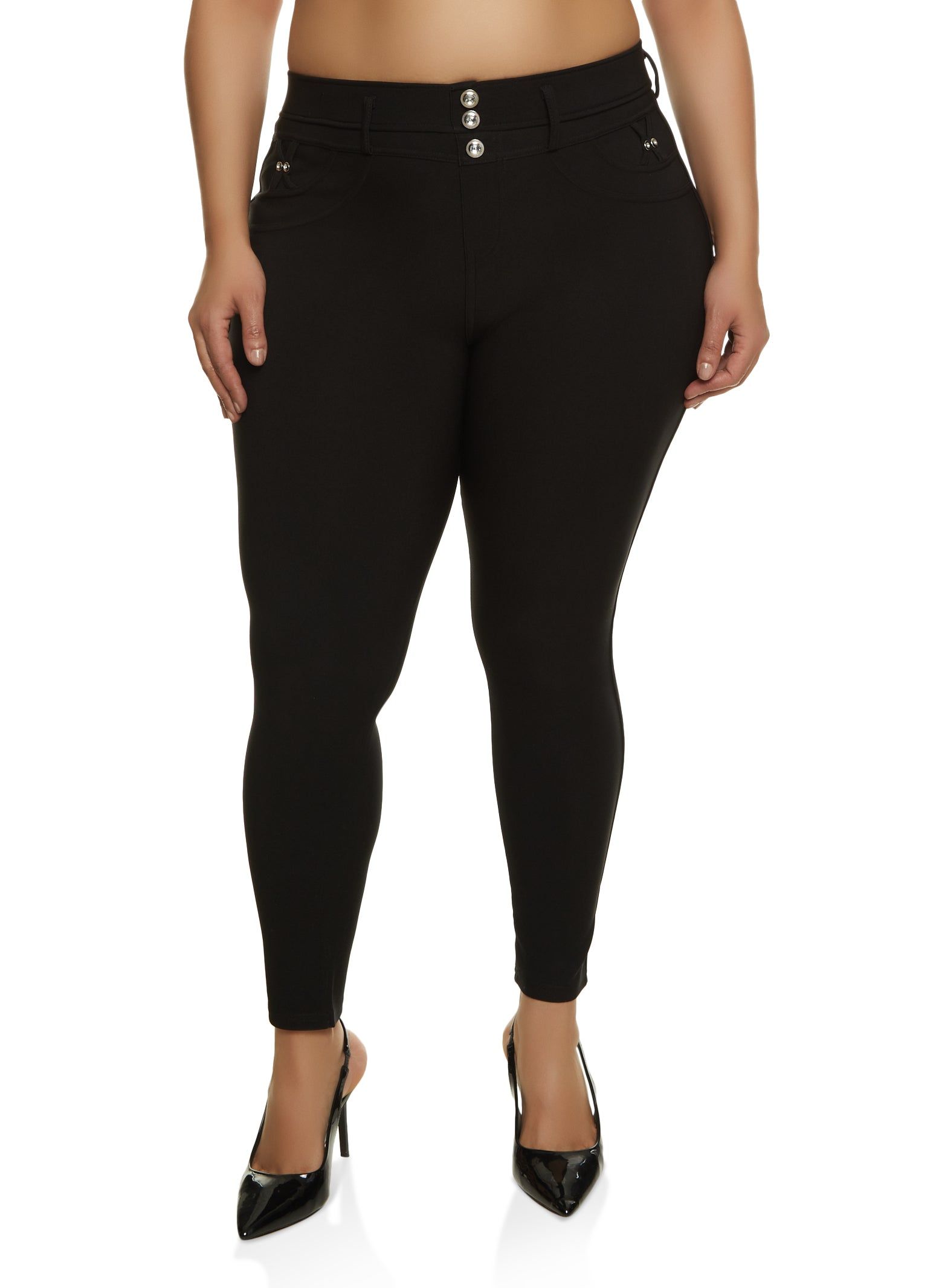 Plus Size Three Rhinestone Faux Button Pants sold by Rainbow