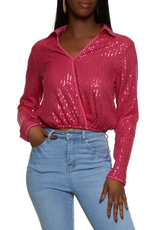 Sequin Faux Wrap Long Sleeve Blouse sold by Rainbow