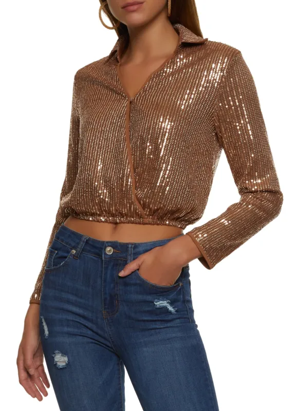 Sequin Faux Wrap Long Sleeve Blouse sold by Rainbow