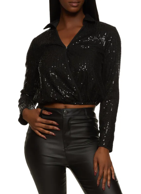 Sequin Faux Wrap Long Sleeve Blouse sold by Rainbow