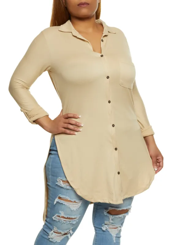 Plus Size Side Slit Button Front High Low Shirt sold by Rainbow