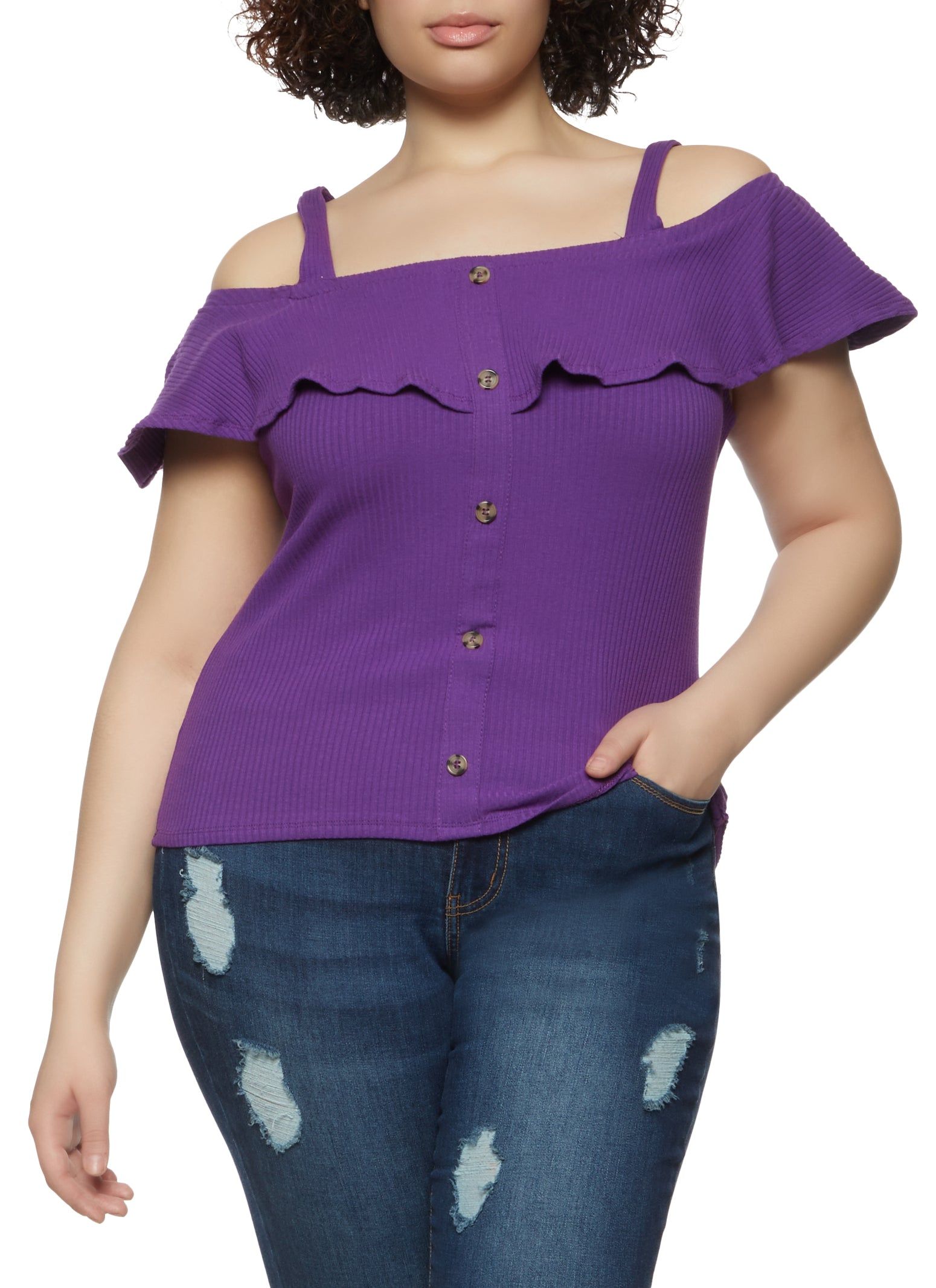 Plus Size Rib Knit Cold Shoulder Top sold by Rainbow