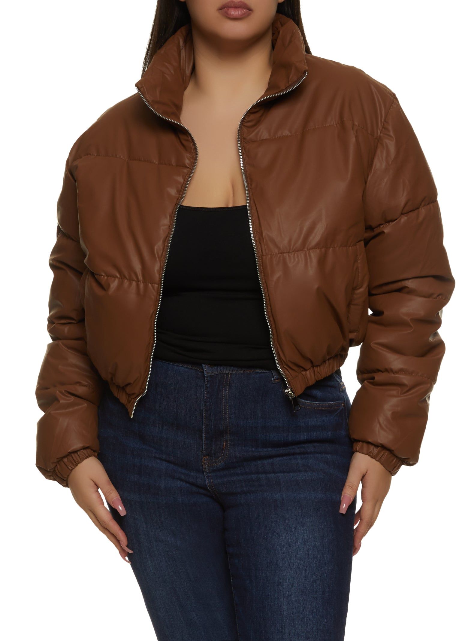 Plus Size Faux Leather Zip Front Puffer Jacket sold by Rainbow