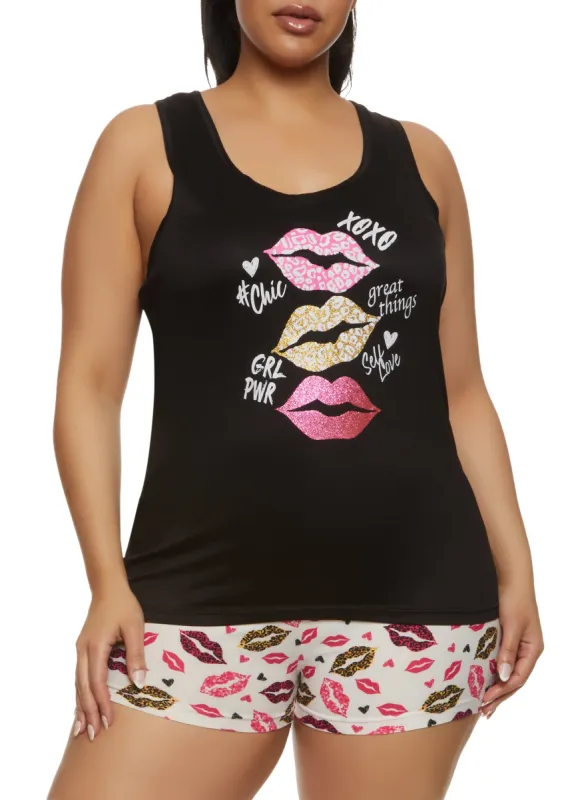 Plus Size Glitter Lips Graphic Pajama Tank Top and Shorts sold by Rainbow
