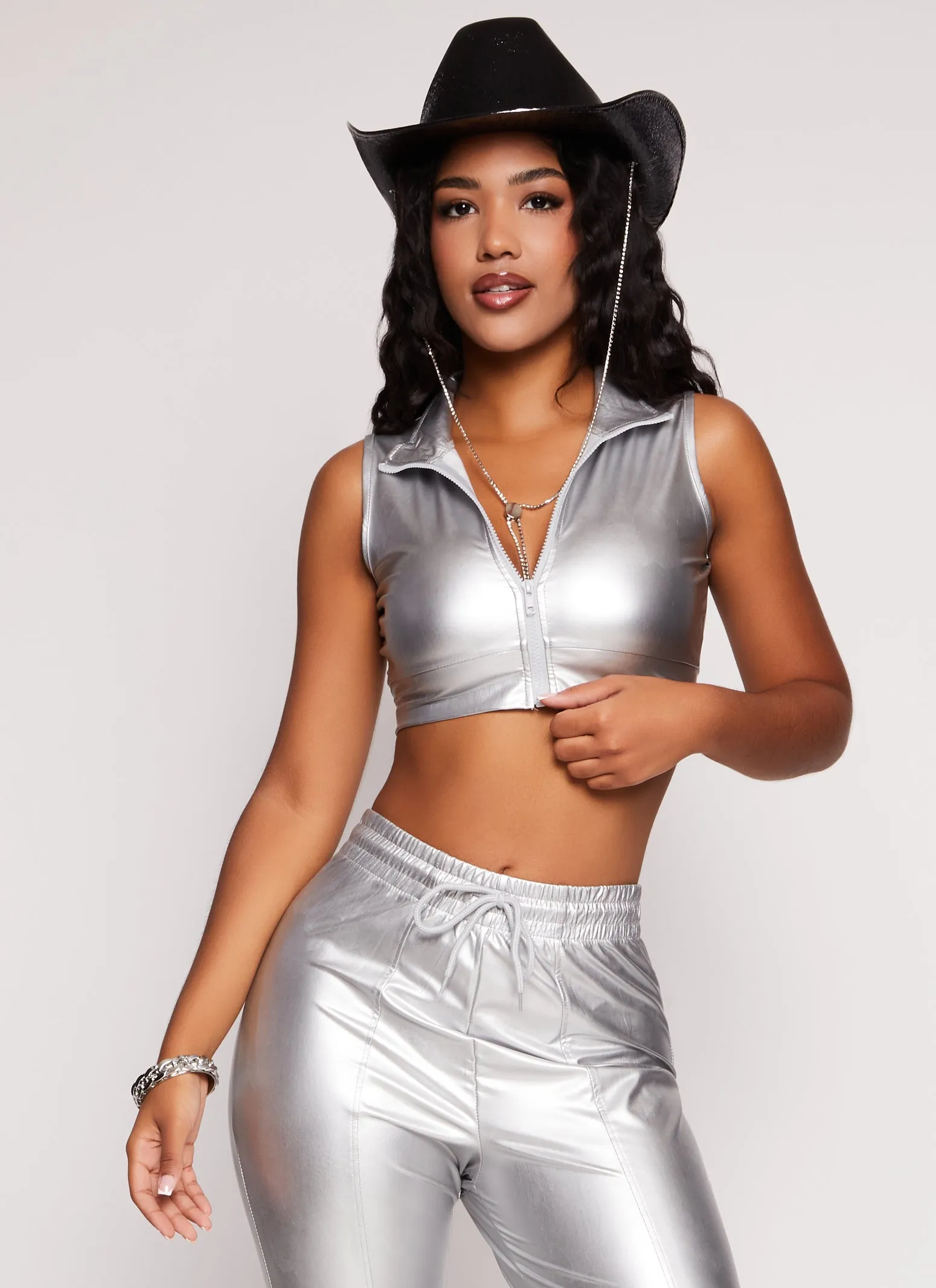 Faux Leather Zip Front Crop Top sold by Rainbow