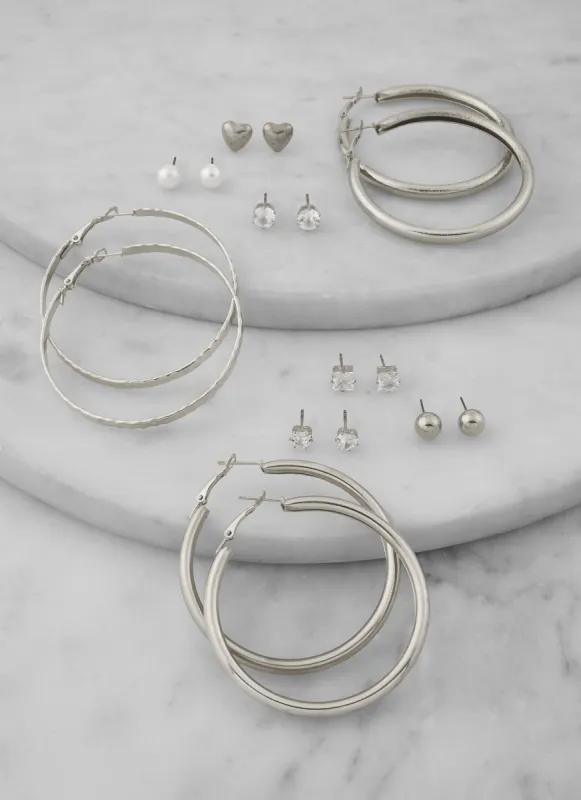 Assorted Cubic Zirconia Stud and Hoop Earring Set of 9 sold by Rainbow