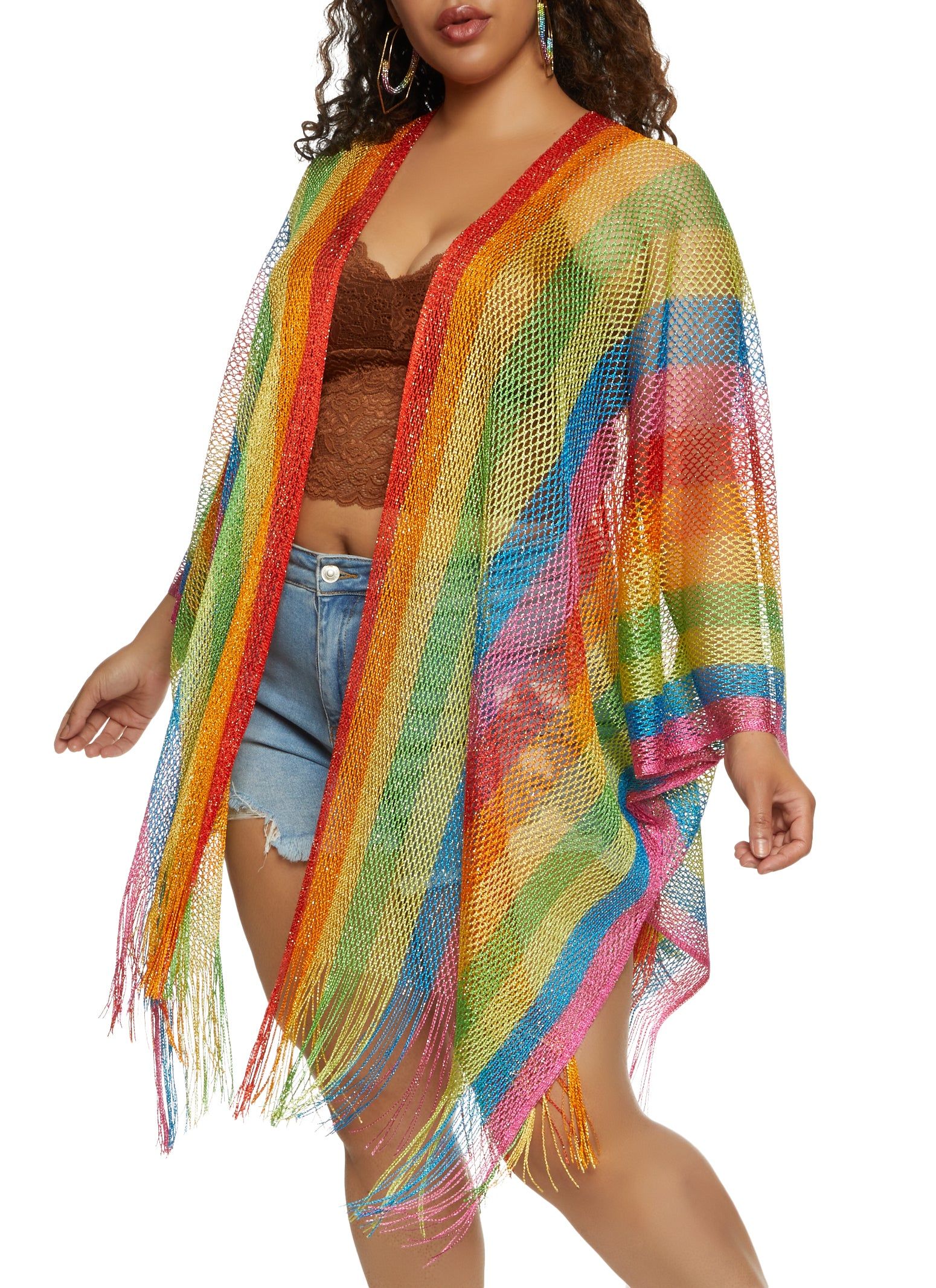 Lurex Rainbow Stripe Fringe Hem Kimono sold by Rainbow