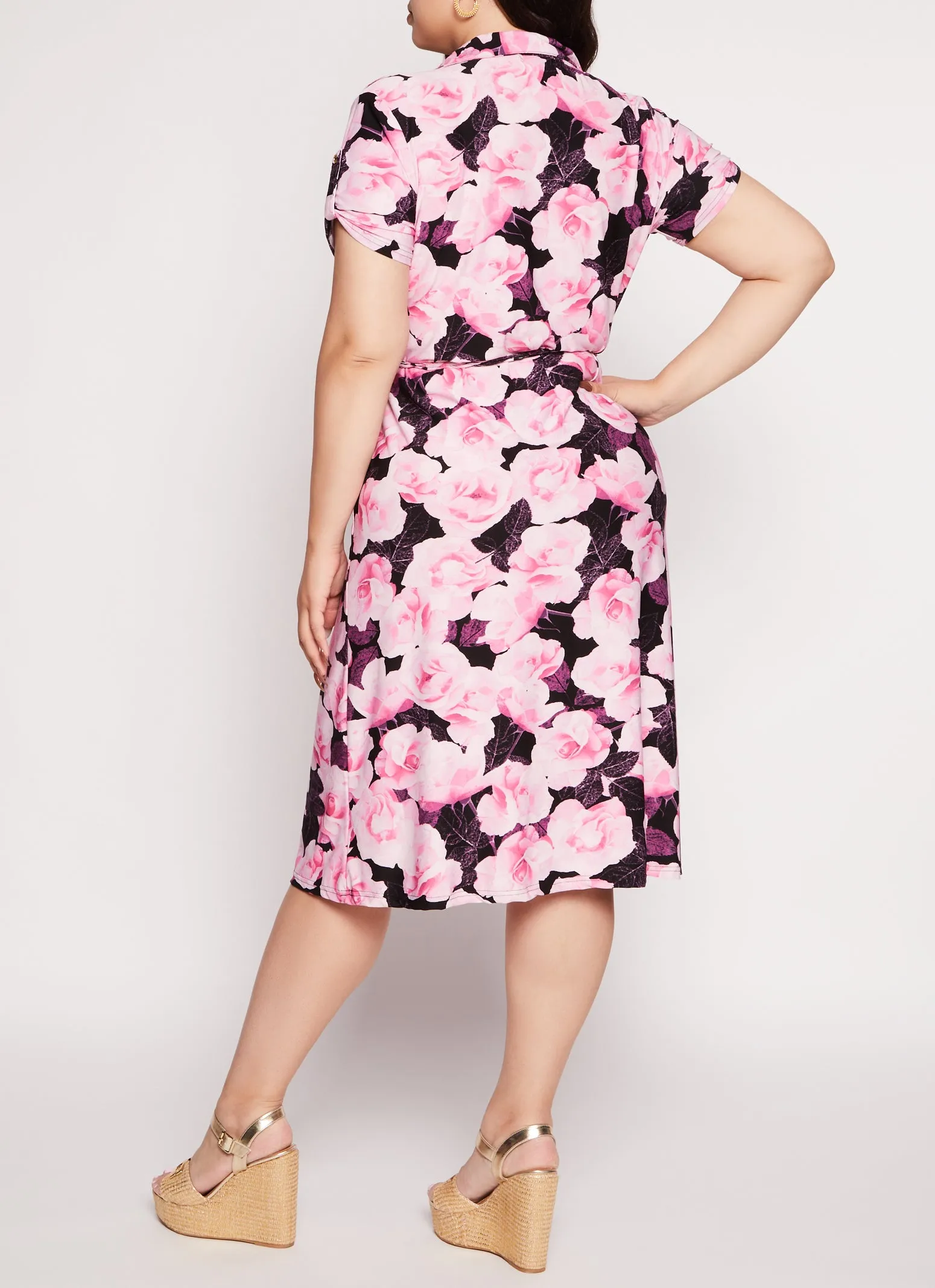 Plus Size Floral Print Tie Waist Belted Shirt Dress sold by Rainbow product image thumbnail 3
