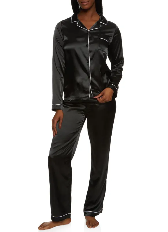 Satin Contrast Trim Pajama Shirt and Pants sold by Rainbow