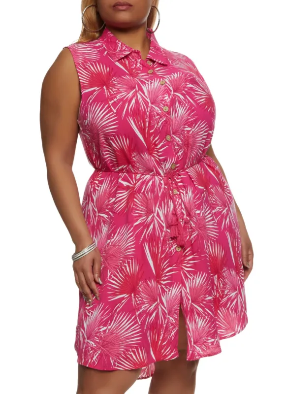 Plus Size Sleeveless Palm Printed Button Front Shirt Dress sold by Rainbow