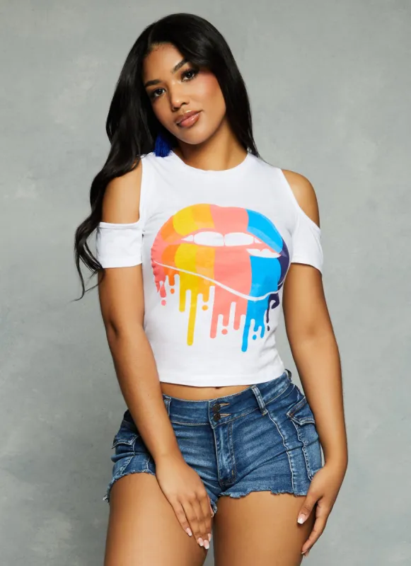 Rainbow Lip Graphic Cold Shoulder Tee sold by Rainbow
