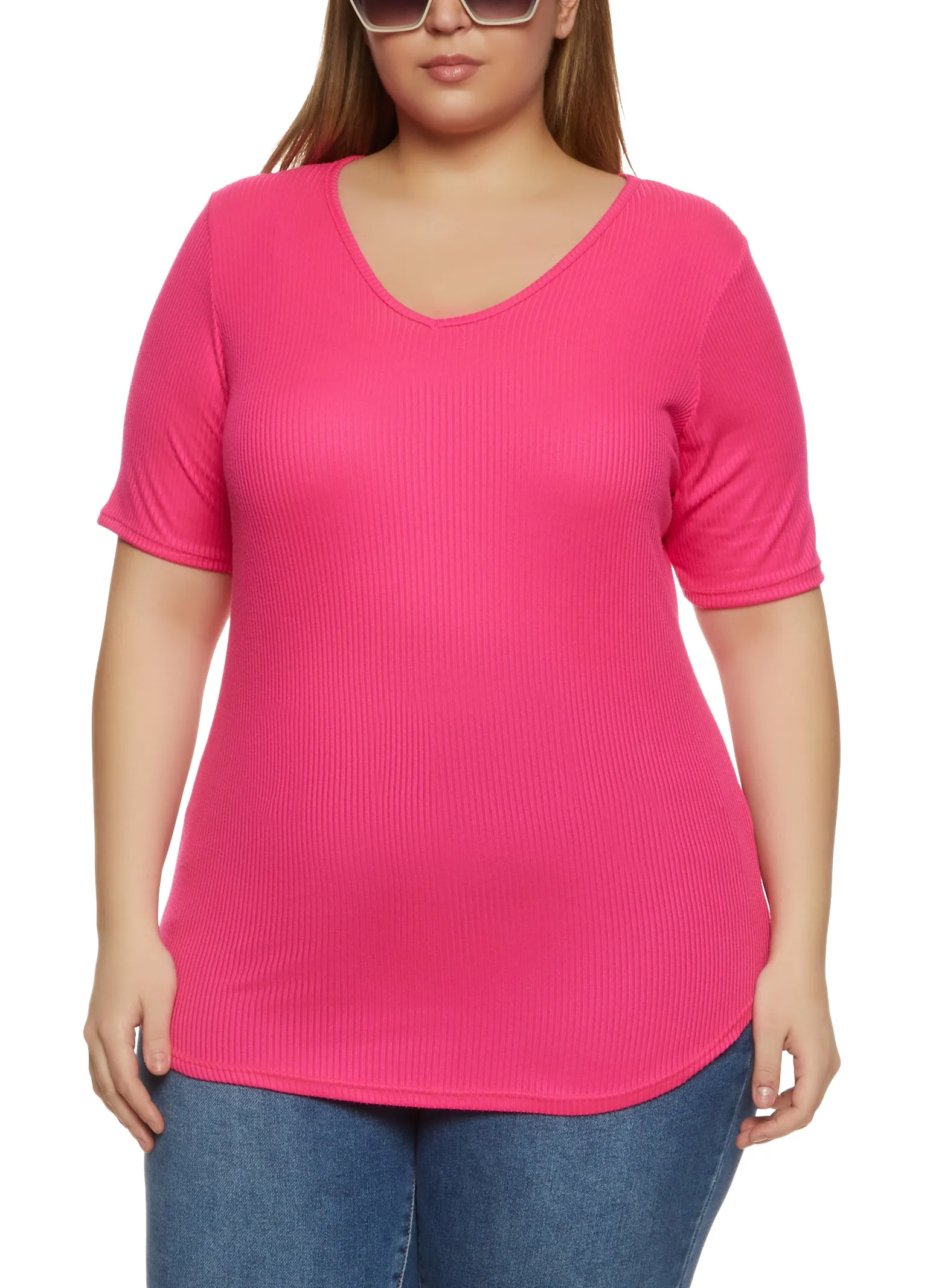 Plus Size Rib Knit V Neck Tee sold by Rainbow