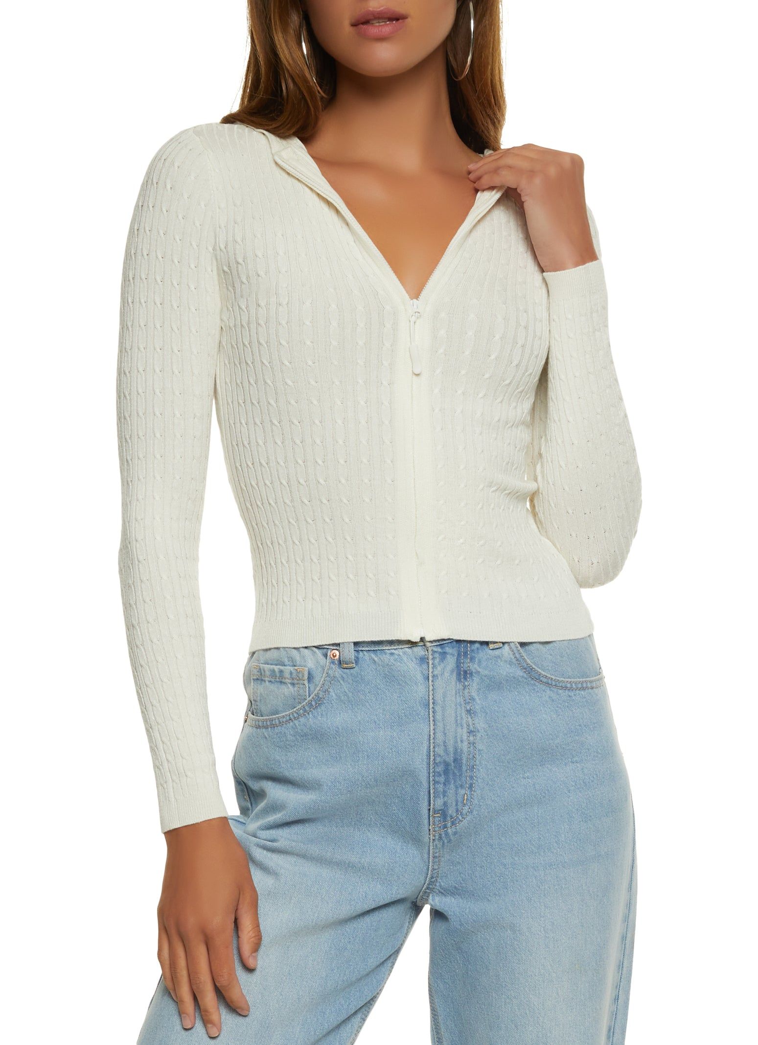 Cable Knit Zip Front Hooded Sweater sold by Rainbow