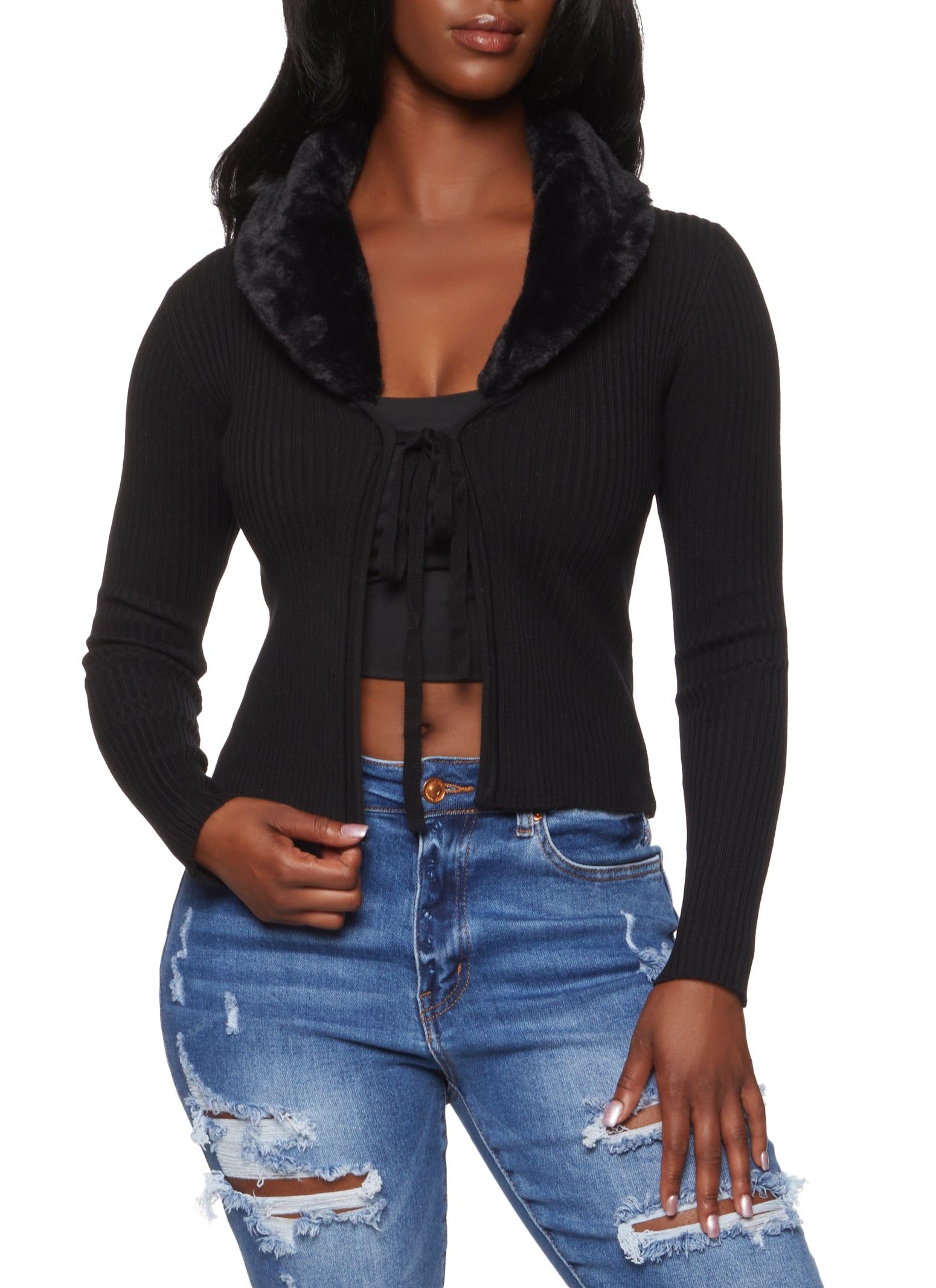 Faux Fur Collar Cardigan sold by Rainbow