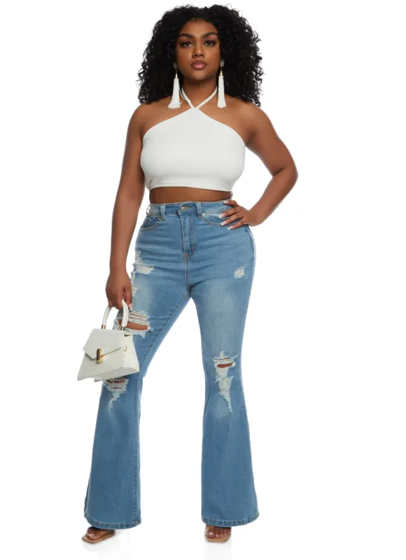 WAX High Waisted Distressed Flare Jeans sold by Rainbow